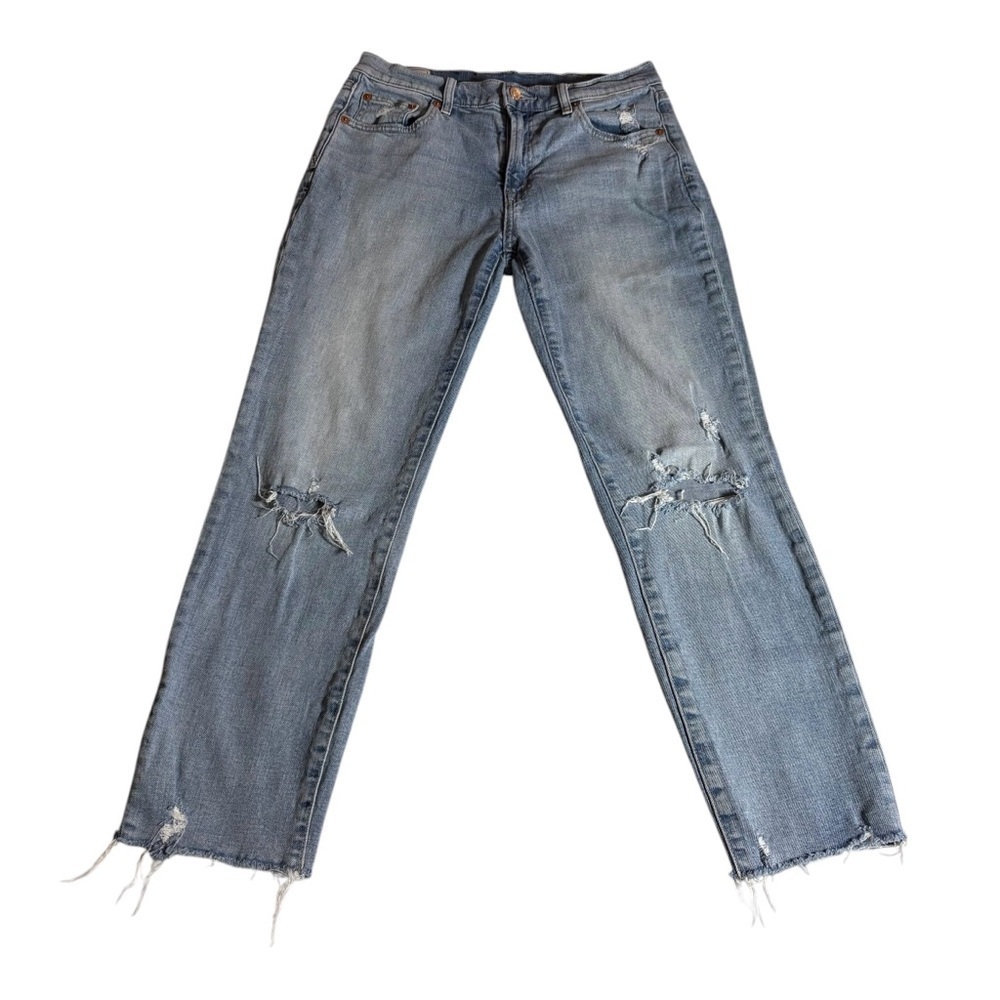GAP Girlfriend Mid Rise Jeans | Size 27 (4R) | Distressed Light Wash